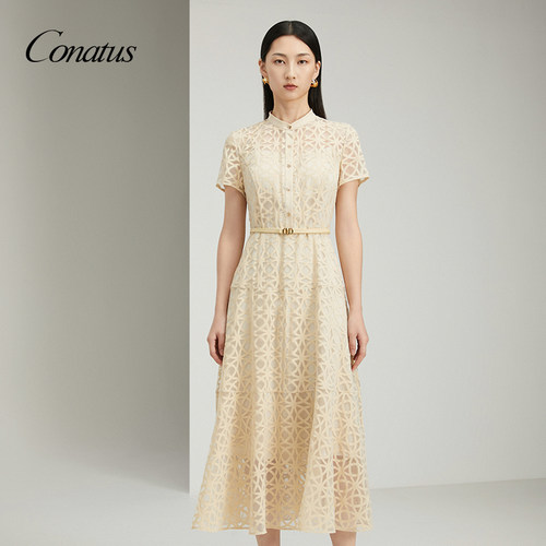 CONATUS/珂尼蒂思2025年春夏新款蕾丝高级感短袖连衣裙女中长裙