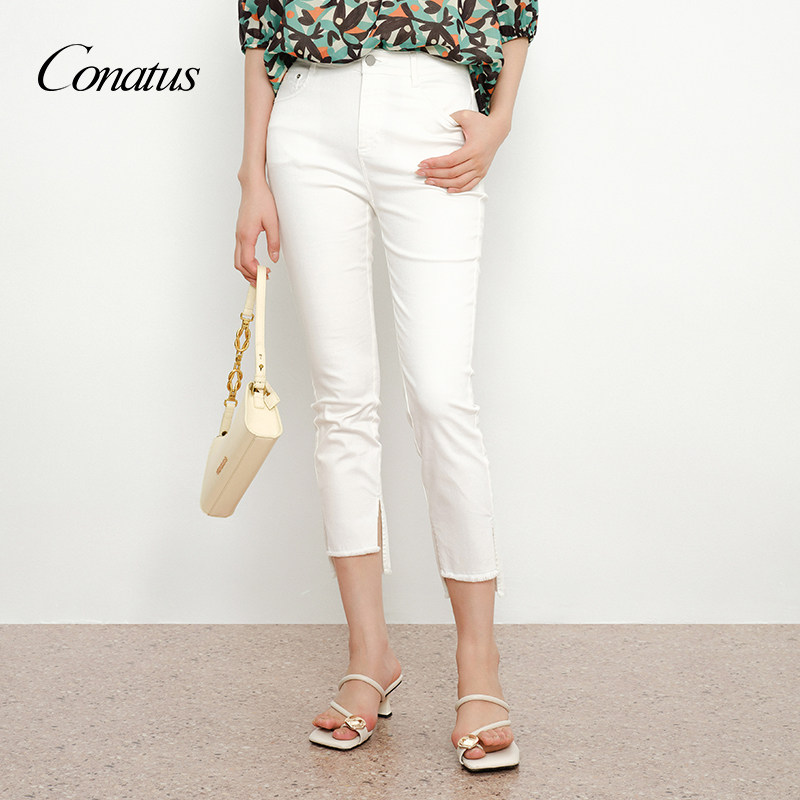 CONATUS/珂尼蒂思白色牛仔裤女夏季新款高腰显瘦休闲七分裤