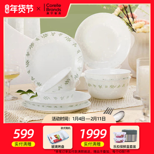 正品进口CORELLE康宁耐热玻璃餐具青柠叶套装家用碗碟饭碗汤碗盘