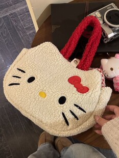 可爱刺绣Kitty秋冬猫咪手提包羊羔格子手腕卡通上班通勤包手拎包