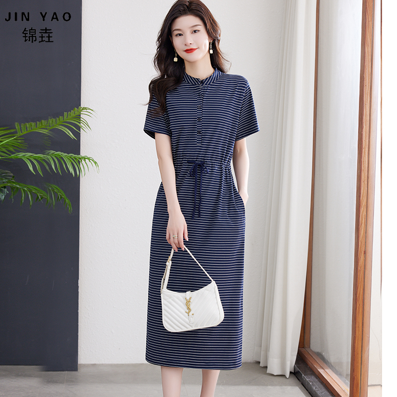 纯棉条纹连衣裙女夏季短袖立领长款收腰系带显瘦大码休闲t恤长裙