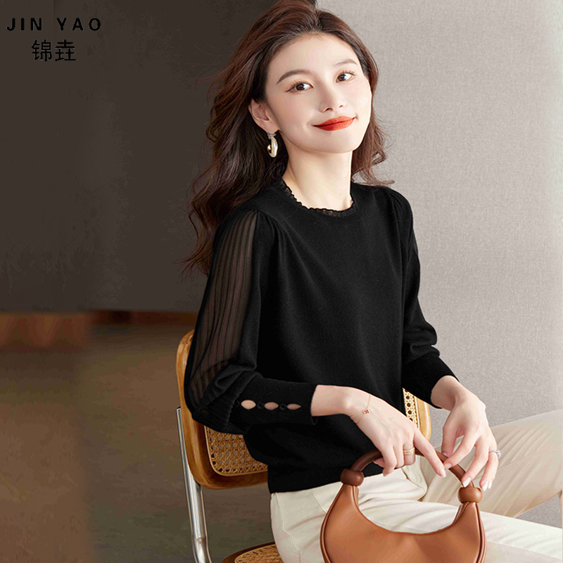 春秋新款气质长袖蕾丝拼接针织衫女短款毛衣女打底衫薄款内搭上衣