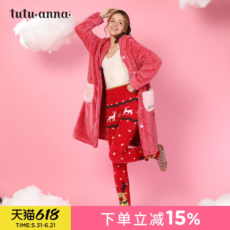 tutuanna秋冬款高腰圣诞鹿星星印花保暖加厚腹卷毛毛裤家居长裤女