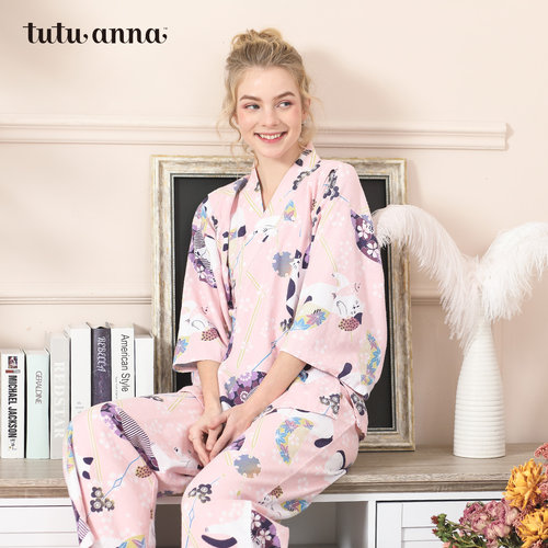 tutuanna秋冬睡衣女 全棉透气磨毛和服家居服套装女