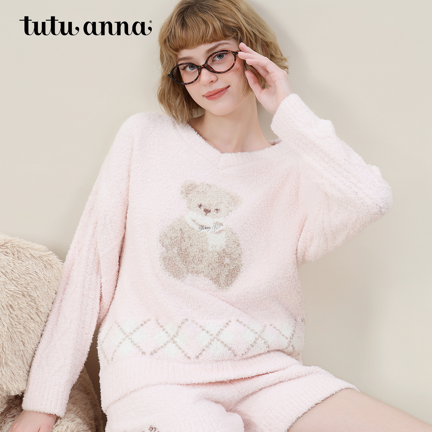 tutuanna秋冬半边绒睡衣女 小熊格子提花加厚保暖家居服套装女