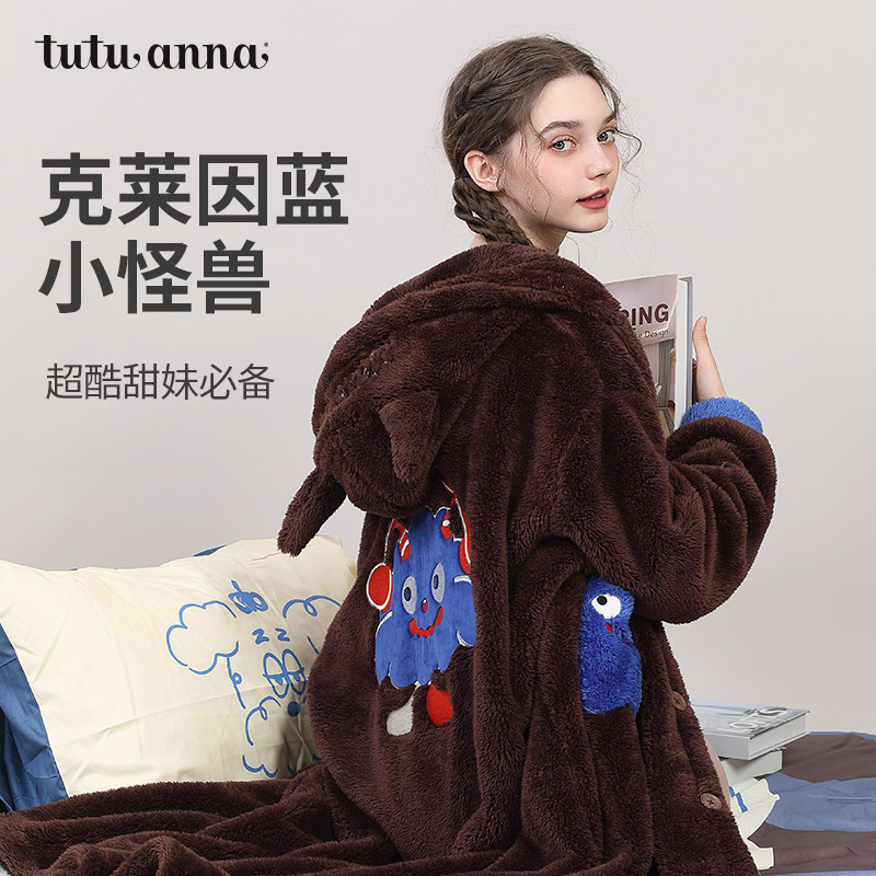 tutuanna秋冬珊瑚绒女士睡衣 怪兽贴布绣连帽超大版型睡袍家居服,女士内衣/男士内衣/家居服,睡袍/浴袍,淘宝优惠券,粉丝福利购,淘宝优惠卷