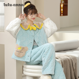 tutuanna家居服秋冬睡衣女公主风绗棉领口带耳朵熊猫撞色口袋袍子