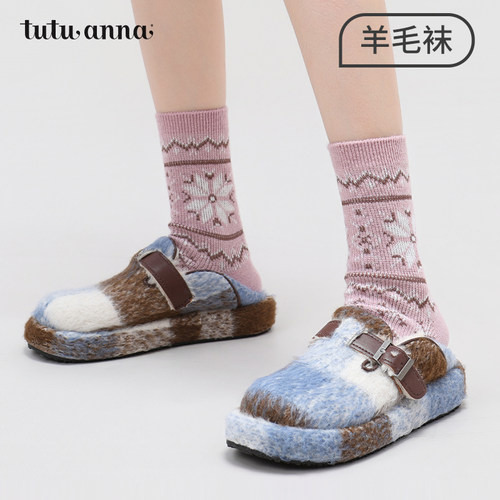 tutuanna羊毛袜子女 秋冬中筒袜圣诞风羊毛加厚保暖百搭短袜女
