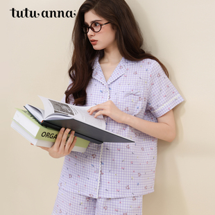 tutuanna全棉夏季 女 睡衣女双层纱透气小猫满印短袖 吊带家居服套装
