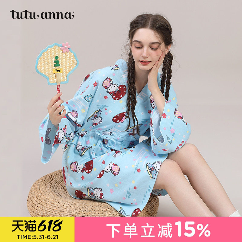 tutuanna春秋女家居服 HelloKitty满印全棉磨毛甚平睡衣长袖睡裙