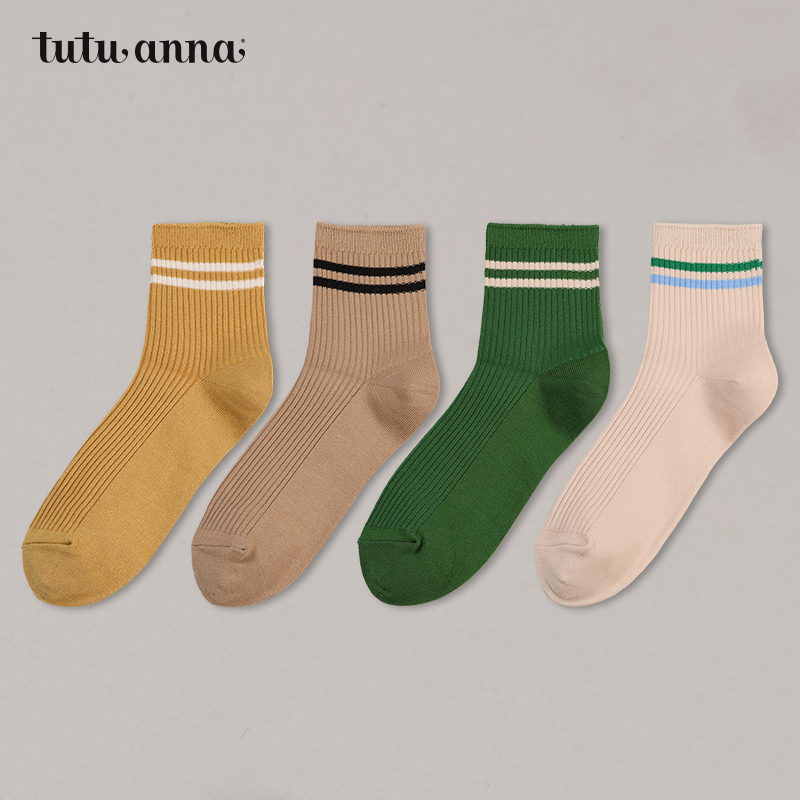 tutuanna袜子女  纯色棉质情侣款舒适柔软不勒脚刺绣条纹短袜女