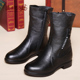 靴子女秋冬款 中跟粗跟休闲 真皮中年女靴中筒靴防滑软底妈妈棉鞋