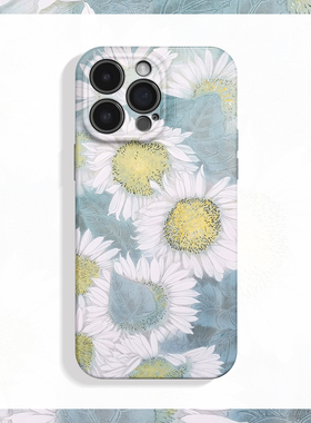 白色向日葵~新中式水彩ins适用iPhone16/15pro手机壳新华为mate70小米14复古vivoS19软iqooneo10苹果14findx8