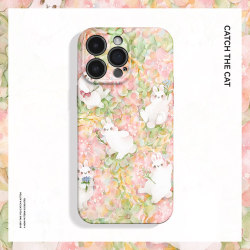 花丛兔子~可爱清新ins适用iPhone16promax手机壳苹果13华为pura70小米14oppo荣耀magic6少女心iqoo13一加ace5