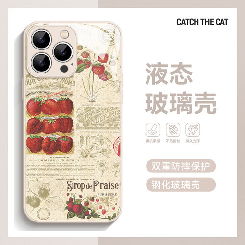 草莓画报~创意小众复古高级感适用iPhone16promax手机壳华为mate70小米15vivoS19玻璃iqooneo14苹果13荣耀90
