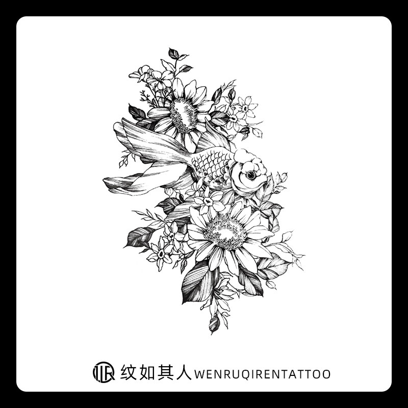 手绘黑白向日葵太阳花纹身贴防水持久创意锦鲤金鱼大图花臂纹身贴
