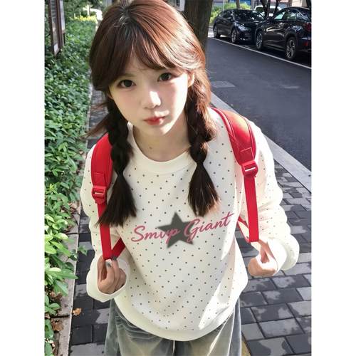 韩版白色波点少女无帽卫衣春秋