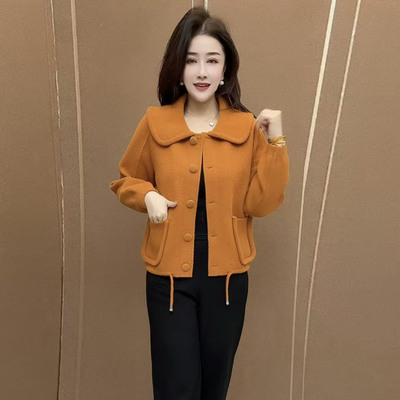 春秋新款时尚洋气娃娃领单排扣双面绒女士宽松显瘦百搭针织衫外套