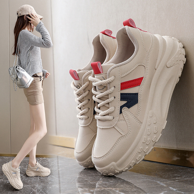 女鞋2025新款秋季皮面厚底松糕鞋配阔腿裤老爹鞋小个子增高运动鞋