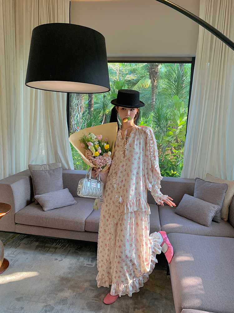 le rouge周美美 拉罗谢尔幻影花卉缎面提花法式仙气绑带连衣裙