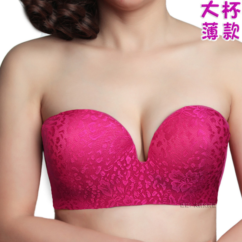 无肩带内衣薄款大胸聚拢大码蹦迪漏肩伴娘服显小隐形婚纱文胸罩女