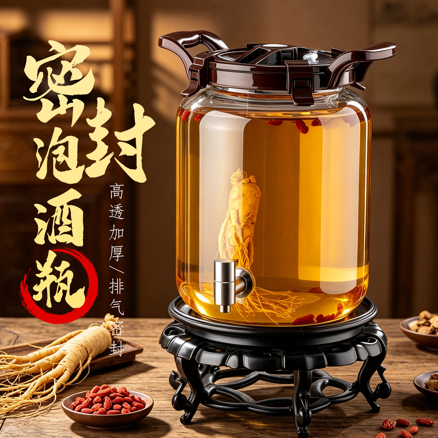 加厚玻璃带龙头密封泡酒瓶