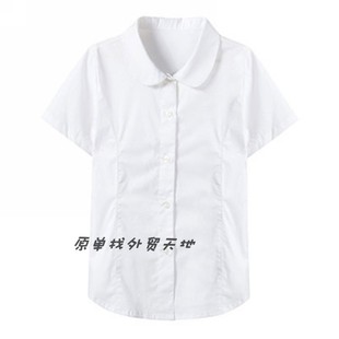 纯棉纯白衬衫 Y中大童女童短袖 校服学院制服英伦夏季 翻领白色衬衣