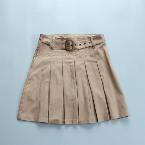 金鸟夏中小学生女生深卡其色半身裙双层腰带百褶校服短裙