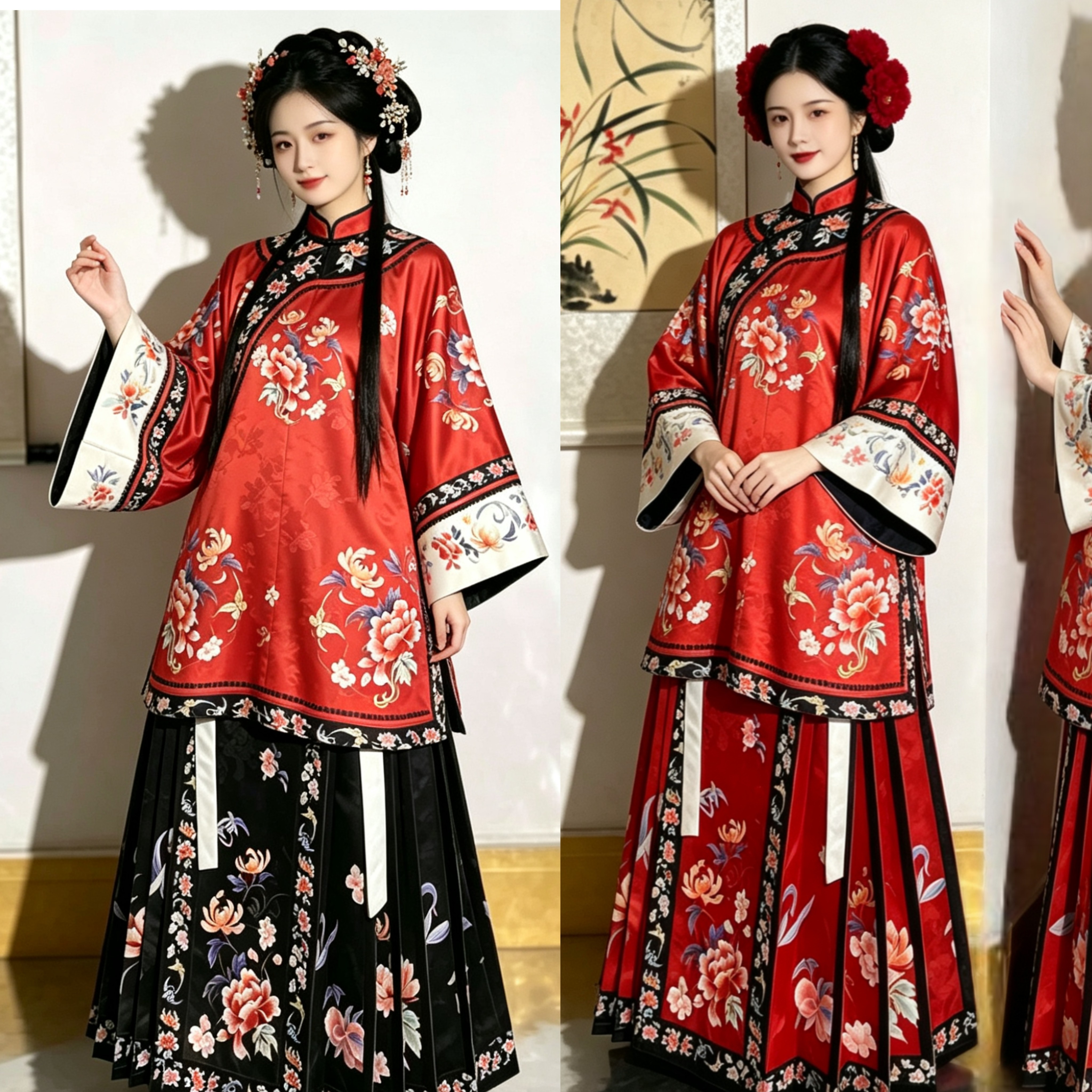 原创(花簇)斜襟立领古董衣重工印花宫廷格格服汉服套装媒婆演出服