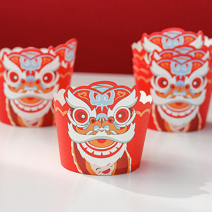 国潮新中式风舞狮宝宝生日蛋糕装饰红色喜庆舞狮纸杯甜品烘焙杯子