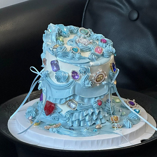 闪钻蓝色蛋糕装饰 轻奢复古风宝石钻石丝带生日蛋糕烘焙装扮摆件