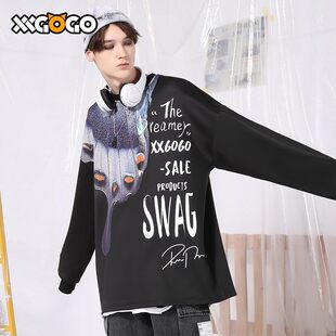 XXGOGO春秋季彩色水母字母印花落肩圆领宽松卫衣男女同款黑色情侣