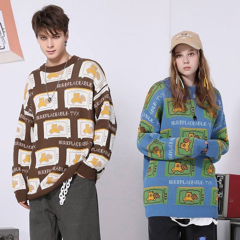 TVX撞色电视机小熊提花宽松落肩袖套头圆领毛衣保暖男女同款情侣,男装,针织衫/毛衣,淘宝优惠券,粉丝福利购,淘宝优惠卷