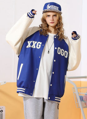 XXGOGO春秋季撞色拼接字母印花棒球学院风夹克男女同款外套蓝色