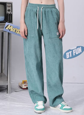 bt春秋季纯色涂鸦绣花宽松直筒灯芯绒休闲裤长裤子男女同款绿色