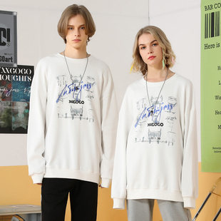 XXGOGO春秋中国风青铜鼎古汉字母印花纯棉宽松圆领卫衣男女白色