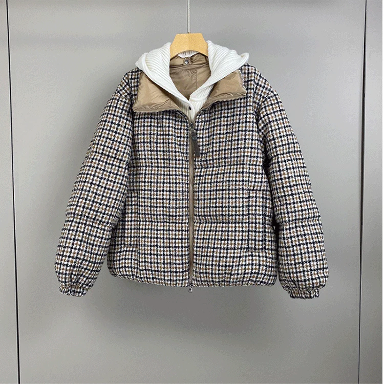 BC羊毛针织连帽拼接格子羽绒服