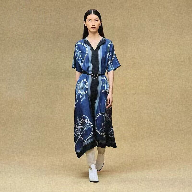 藏书章定位印花19姆米真丝连衣裙