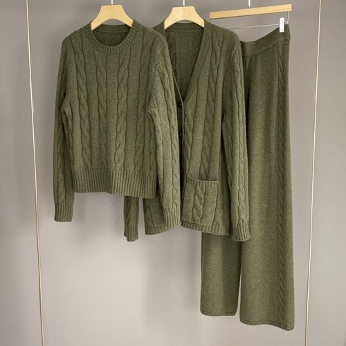 羊绒针织套头毛衣长裤开衫套装