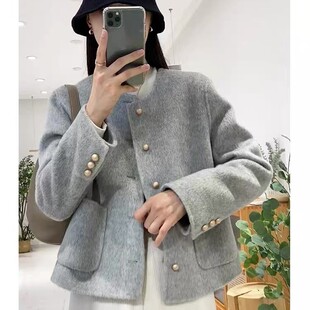 春款小个子毛呢外套小香风羊毛大衣纯色口袋单排扣短款上衣女严选