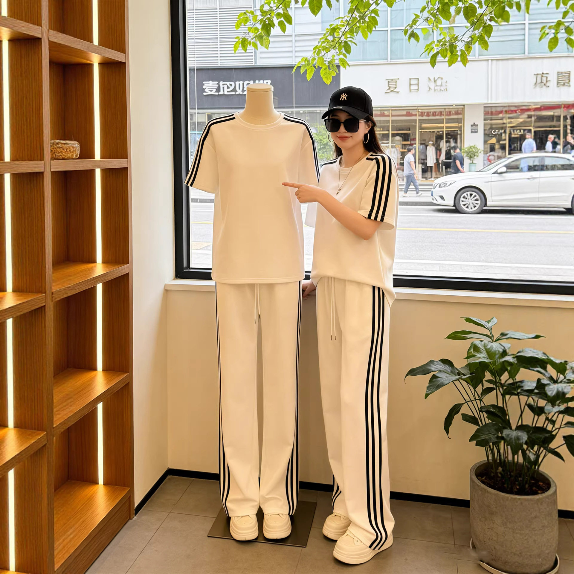 欧洲站休闲运动套装女2026夏季宽松显瘦白色短袖T恤阔腿裤两件套