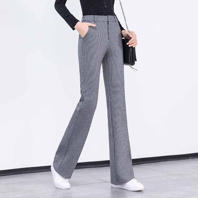 如果2025秋季高腰喇叭裤女休闲韩版韩版弹力千鸟格20506