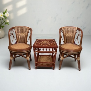 天然真藤椅喝茶桌椅子组合阳台老年人专用旋转竹藤条椅靠背藤编凳