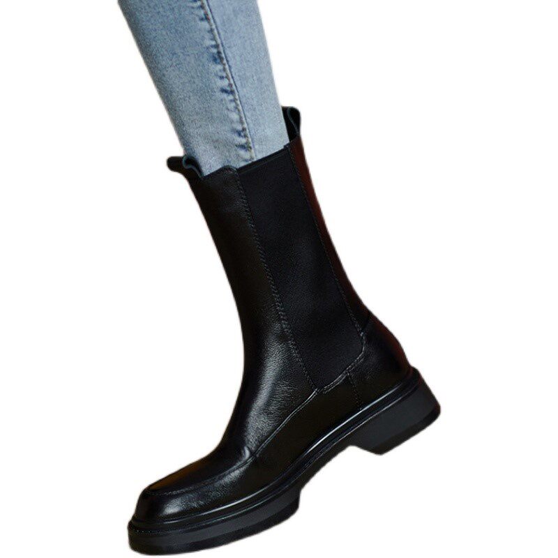 STAR SAME FULL COWHIDE LEATHER BOOTIE CHELSEA BOOTS 2024 NEW WOMENS BOOTS WINTER VELVET MARTIN BOOTS WOMEN