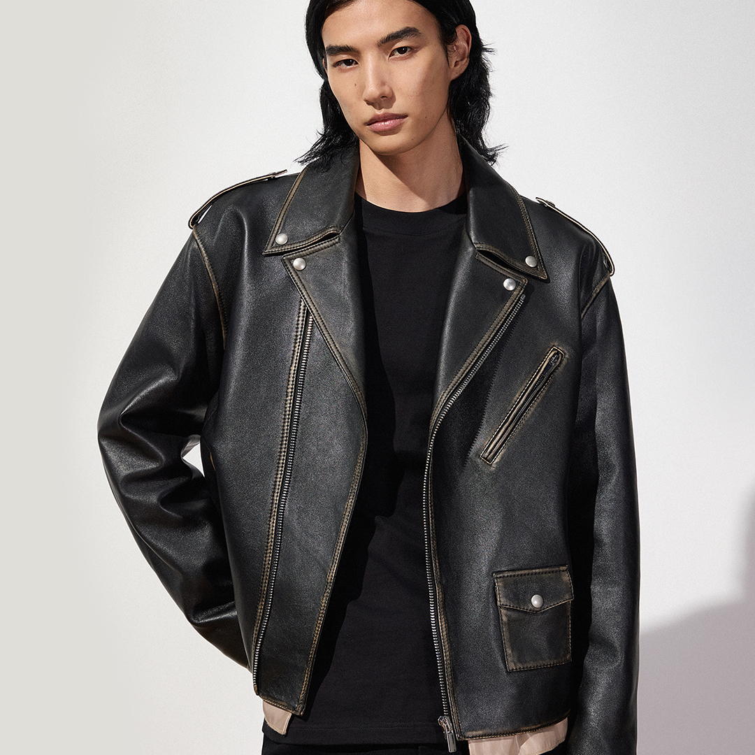 TRENDIANO2025秋冬新款复古感拉链机车皮衣男款外套 1SM431009H