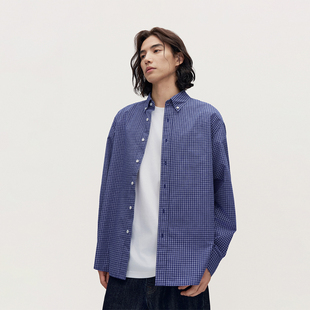 TRENDIANO2025新款纯棉色织布男款蓝色格子衬衫 1SM1010080