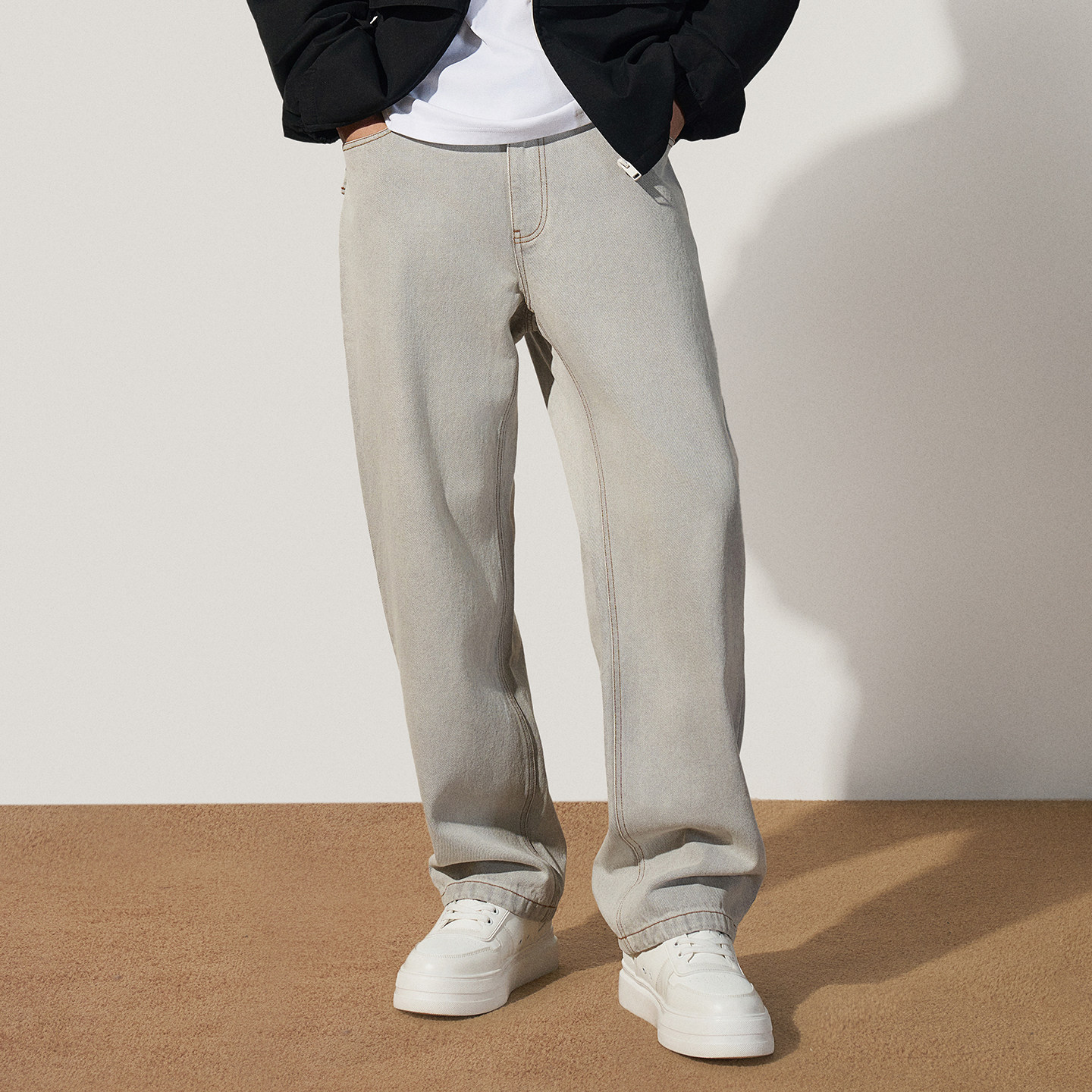 TRENDIANO纯棉浅灰男士牛仔裤新款斜纹百搭休闲直筒裤子
