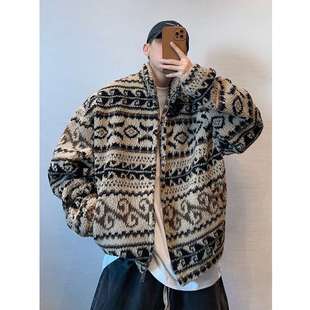 民族风提花羊羔毛保暖潮牌宽松立领拉链厚外套 冬季 300斤大码 男装