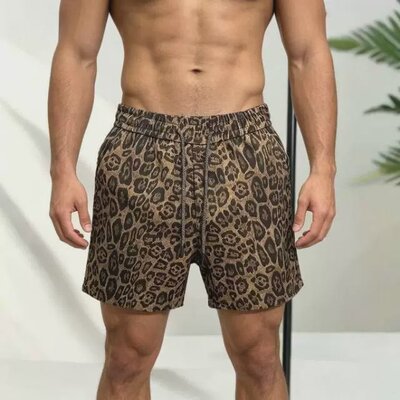 夏季复古豹纹帅气男士高档轻奢短裤男时尚美式个性潮流百搭休闲裤