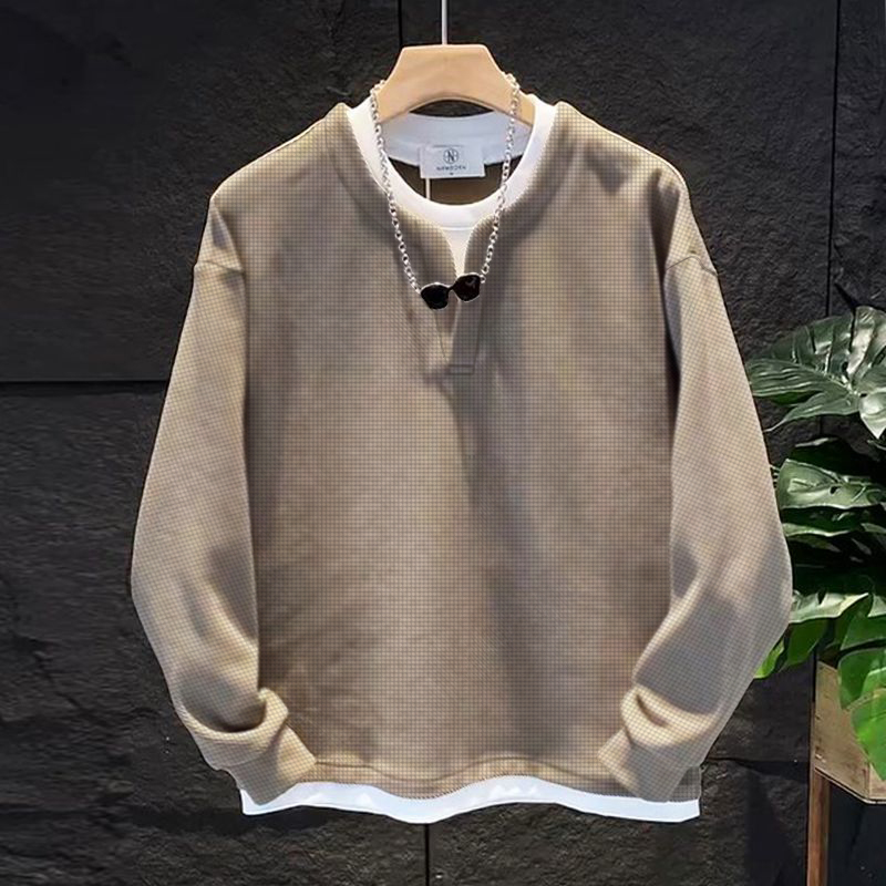 华夫格亨利领假两件男百搭时尚套头卫衣春秋季韩版潮流宽松打底衫